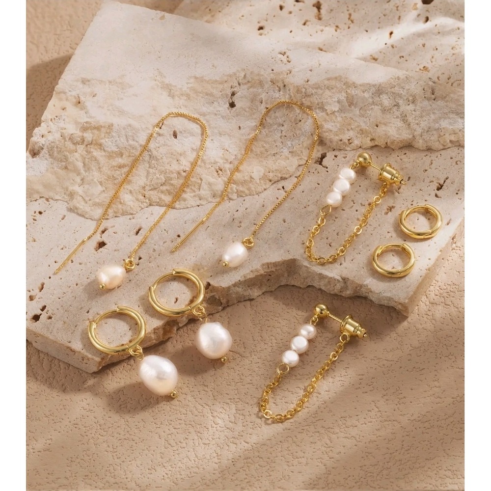 Foxgirl Faux Vintage Gold Plated‎ Imitation Freshwater Pearls 4 Pairs Earrings